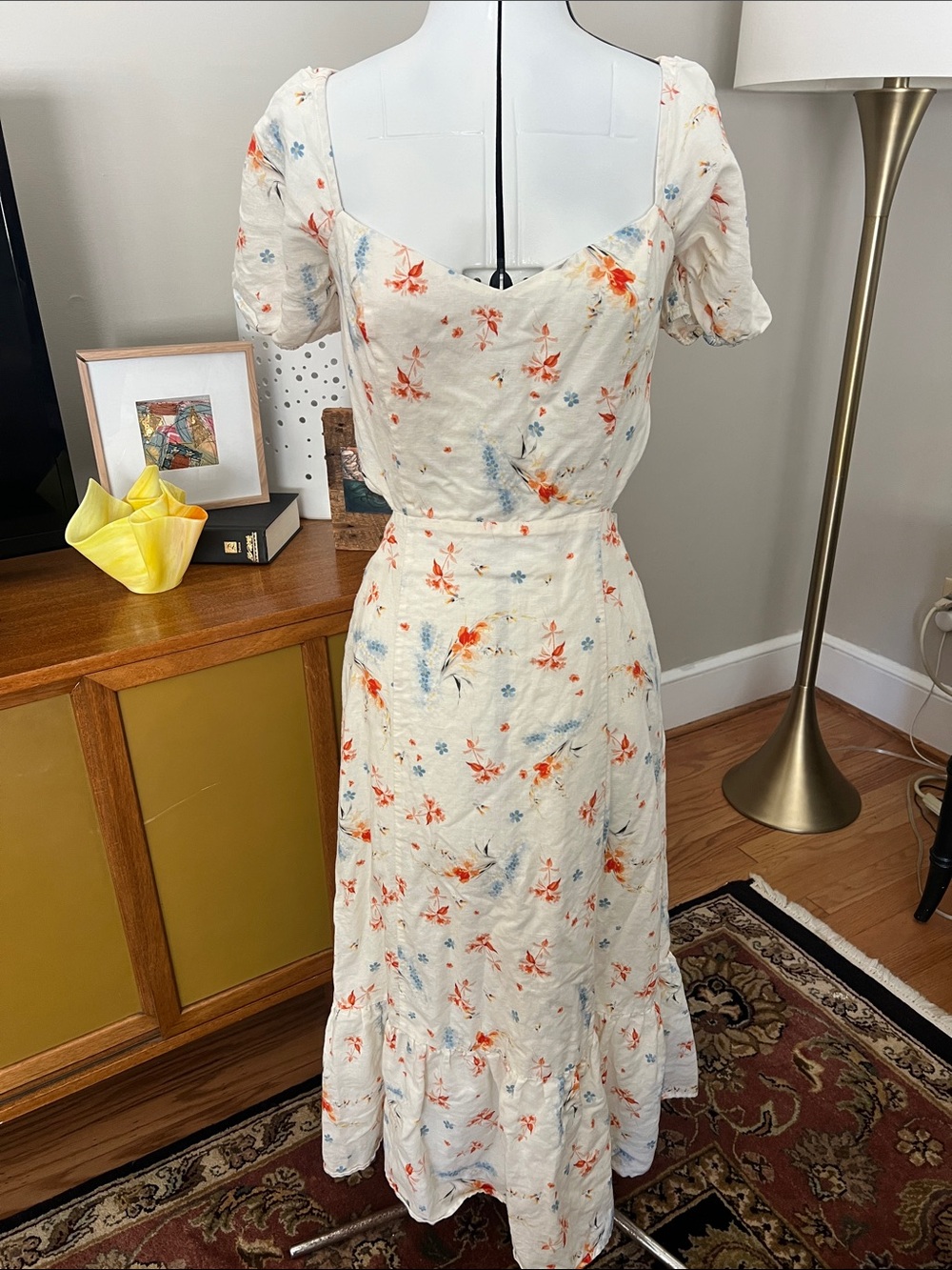 PAIGE Cream Floral Puff-Sleeve Maxi Dress with Orange & Blue Accents